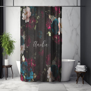 Elegant Dark Turquoise Red Floral Monogram Shower Curtain