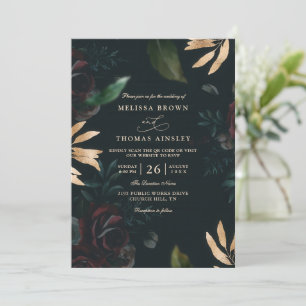 Elegant Dark Velvet Burgundy Rose QR Code Wedding Invitation