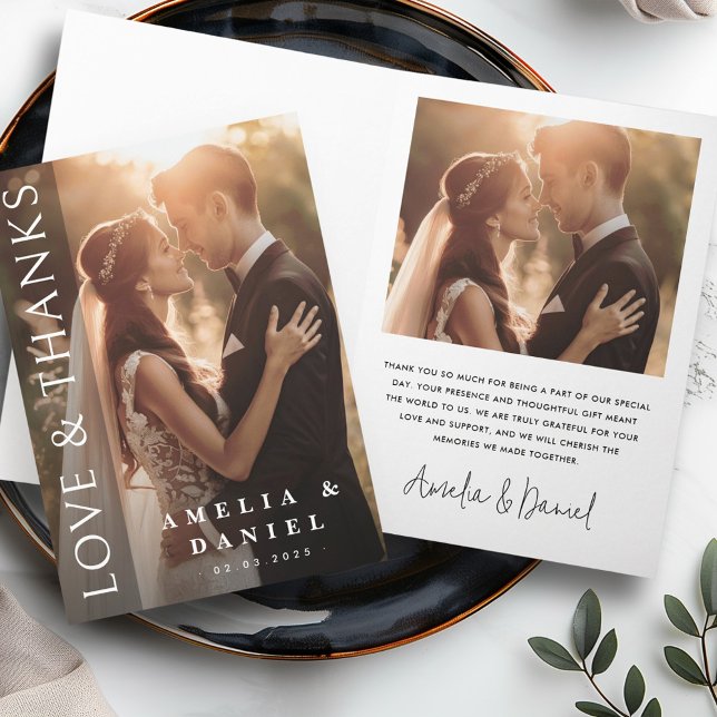 Elegant dark vertical overlay wedding photo folded thank you card (Elegant dark vertical overlay wedding photo folded thank you card)