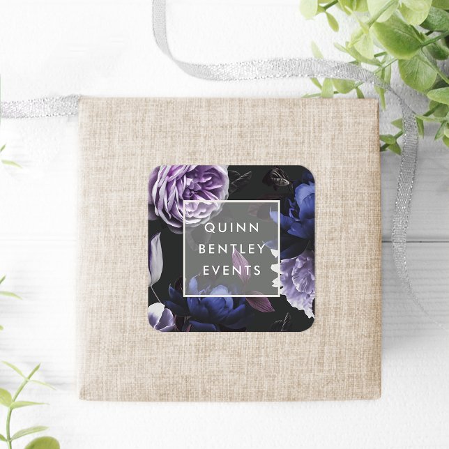Elegant Dark Violet Floral Personalised Square Sticker (Creator Uploaded)