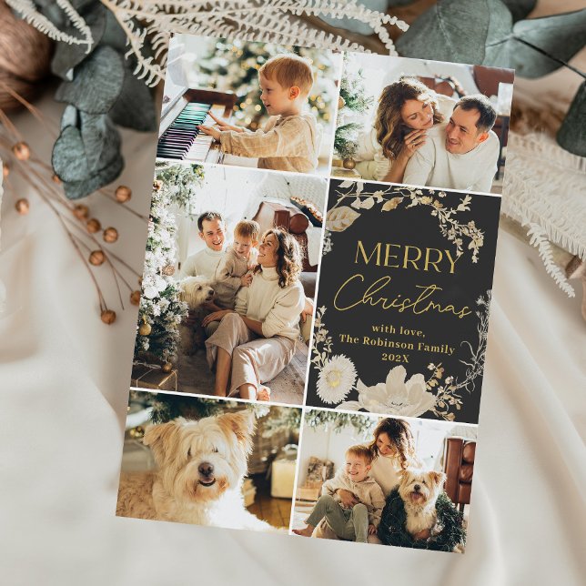 Elegant Dark White Gold Floral Photo Christmas Holiday Card (Creator Uploaded)