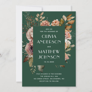 Elegant Dark Woodland Green Floral Wedding + QR Invitation