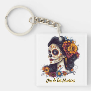 Elegant Day of the Dead Sugar Skull Woman Key Ring
