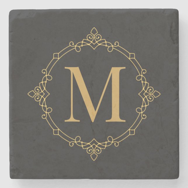Elegant Decorated Golden RF Monogrammed Stone Coaster (Front)