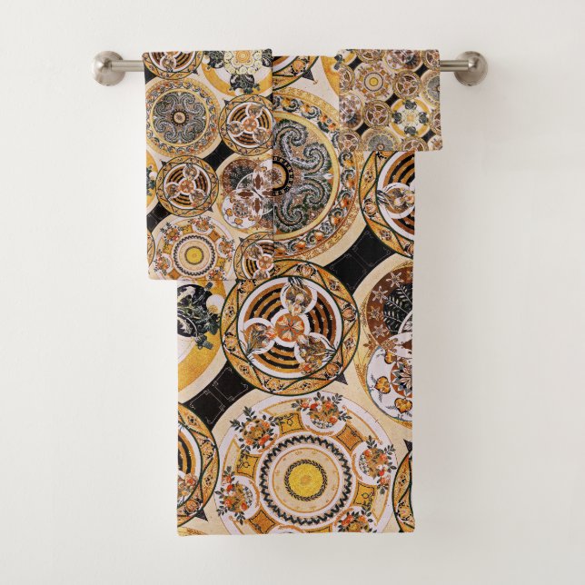 Elegant Decorative Art Nouveau Gold Brown Pattern Bath Towel Set (Insitu)