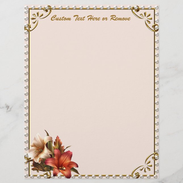 Elegant Decorative Gold Border Lilly Floral Flower Custom Letterhead (Front)