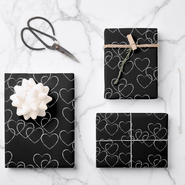 Elegant Decorative Heart Charms Black and White Wrapping Paper Sheet (Front)