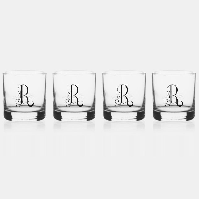 Elegant Decorative Monogramed Letter R Whiskey Glass (Front)