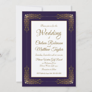 Elegant Decorative Purple and Gold Border Wedding Invitation