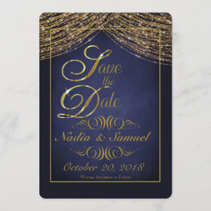 Elegant Deep Blue and Gold Glitter Save the Dates Date