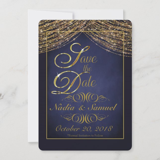 Elegant Deep Blue and Gold Glitter Save the Dates Date (Front)