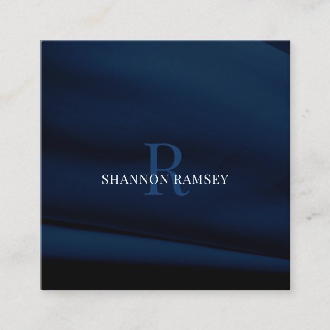 Elegant Deep Blue Monogram Square Business Card (Front)