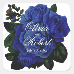 Elegant deep blue roses wedding square sticker
