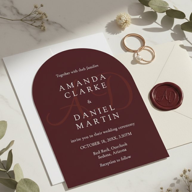 Elegant Deep Burgendy Wedding Arch Monogram  Invitation (Creator Uploaded)