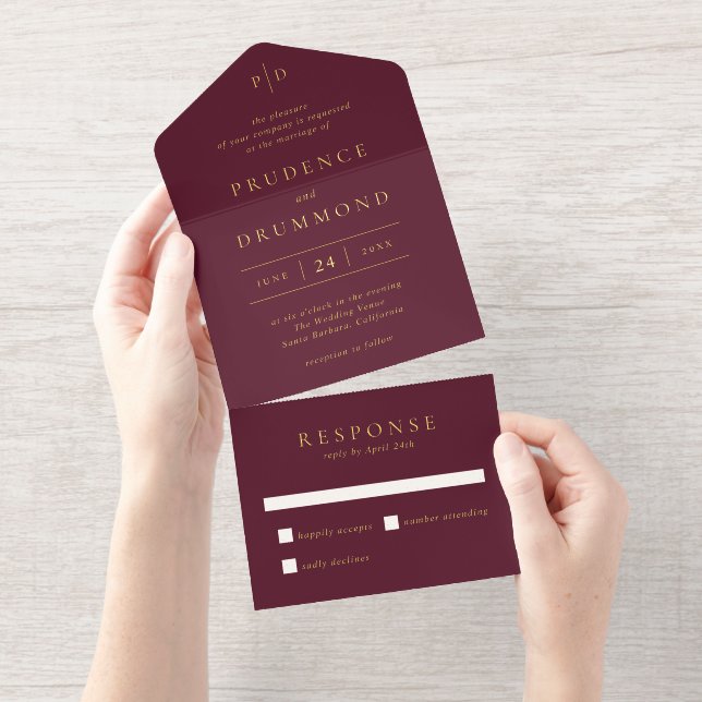 Elegant Deep Burgundy Classic Wedding All In One Invitation (Tearaway)