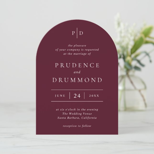 Elegant Deep Burgundy Classic Wedding Invitation (Standing Front)
