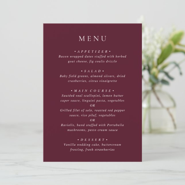 Elegant Deep Burgundy Classic Wedding Menu (Standing Front)
