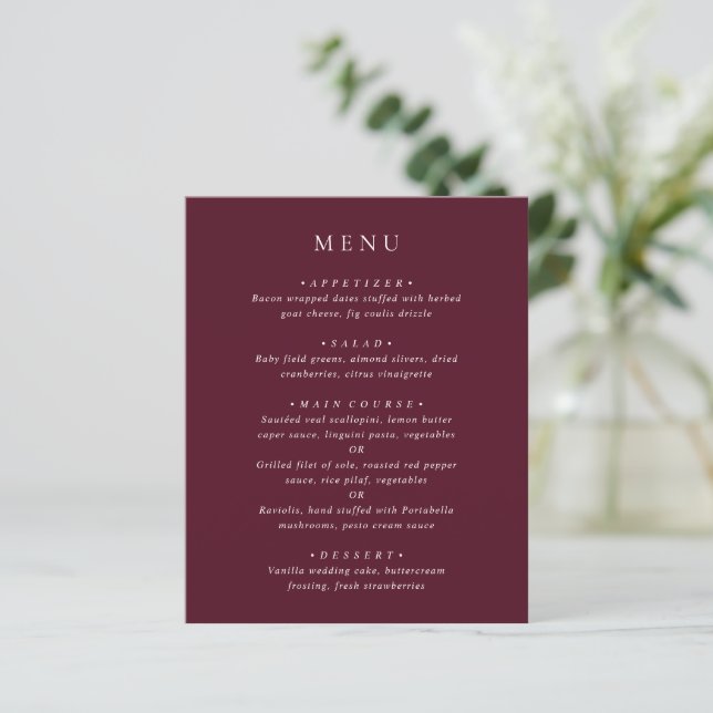 Elegant Deep Burgundy Classic Wedding Menu (Standing Front)