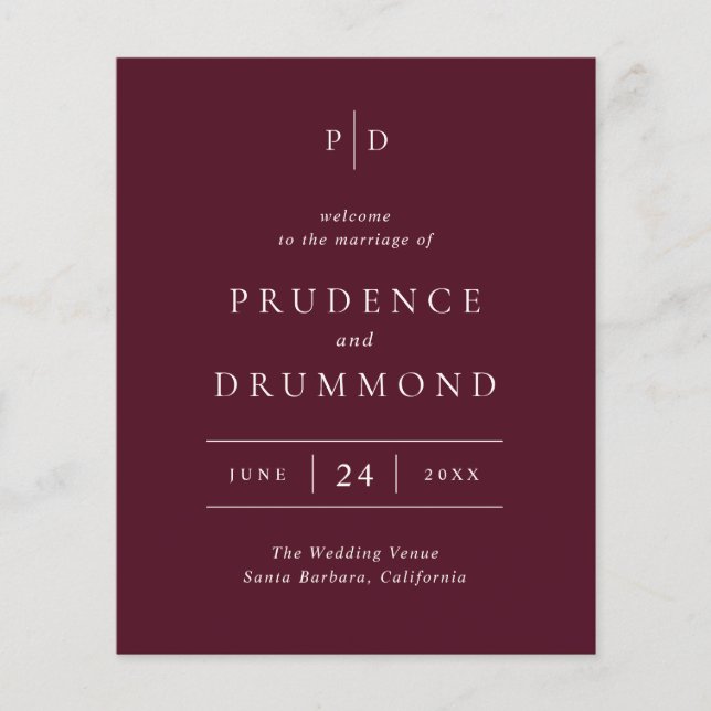 Elegant Deep Burgundy Classic Wedding Program Flyer (Front)