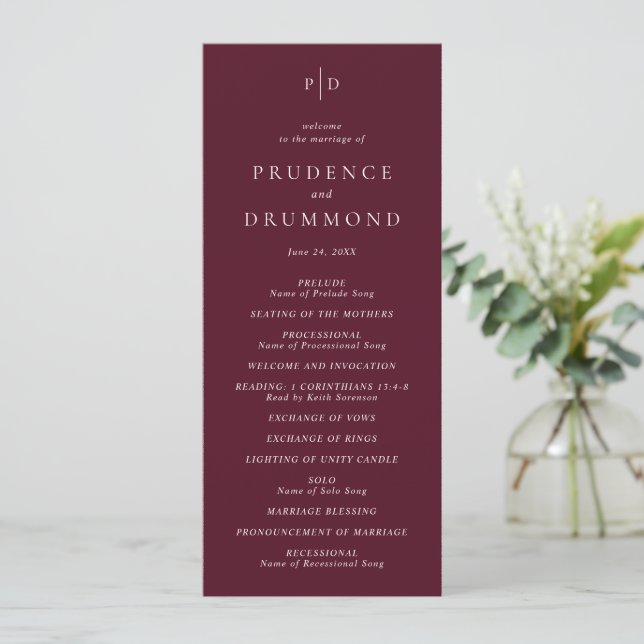 Elegant Deep Burgundy Classic Wedding Programme (Standing Front)