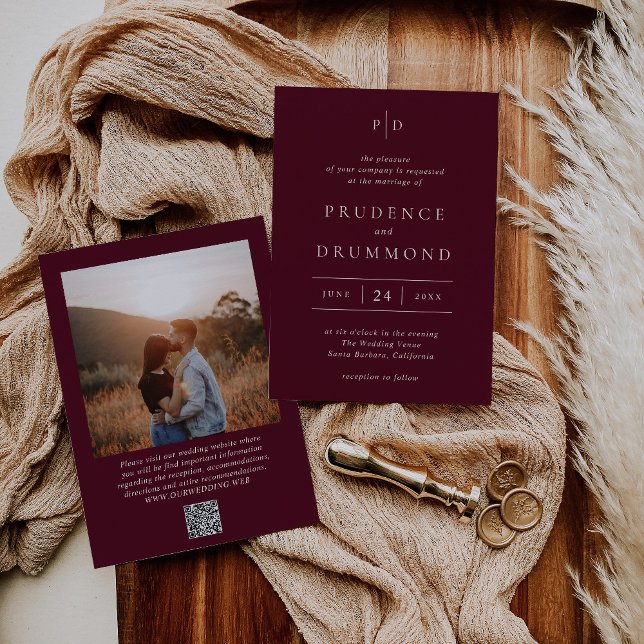 Elegant Deep Burgundy QR Code Classic Wedding Invitation (Creator Uploaded)