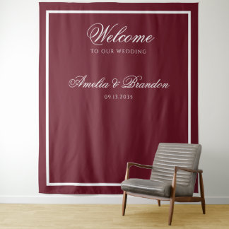 Elegant Deep Burgundy Wedding Welcome Backdrop Tapestry