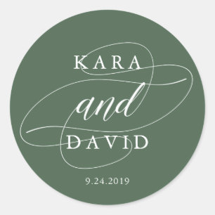 Elegant Deep Green and White Calligraphy Wedding Classic Round Sticker
