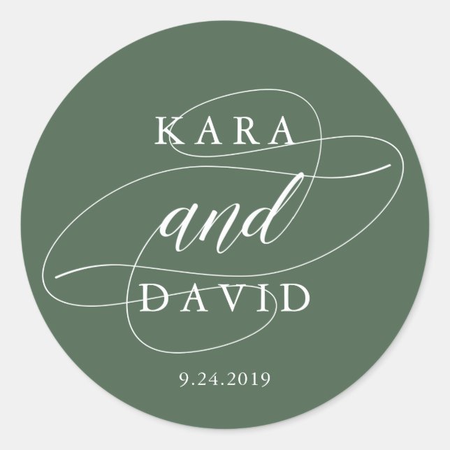 Elegant Deep Green and White Calligraphy Wedding Classic Round Sticker (Front)