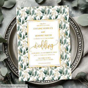 Elegant deep green gold eucalyptus wedding invites