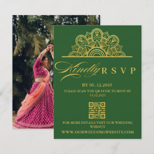 Elegant Deep Green & Gold Mandala Indian Wedding RSVP Card