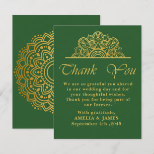 Elegant Deep Green & Gold Mandala Wedding  Thank You Card