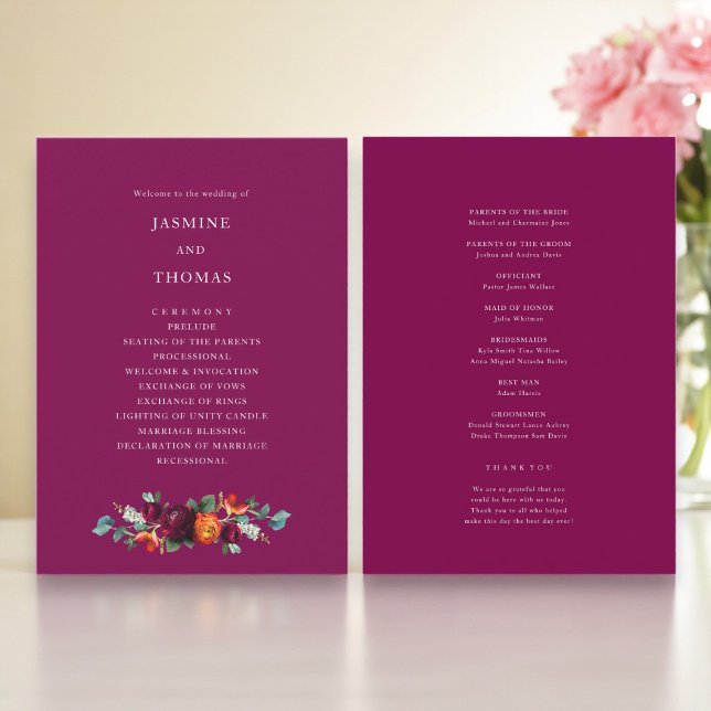 Elegant Deep Pink Floral Wedding Program Programme (Creator Uploaded)