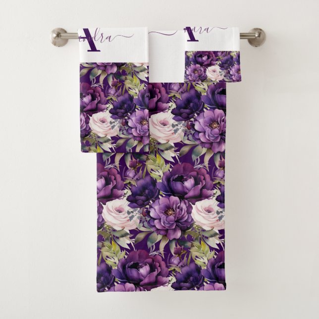 Elegant Deep Purple Floral Towel Set (Insitu)