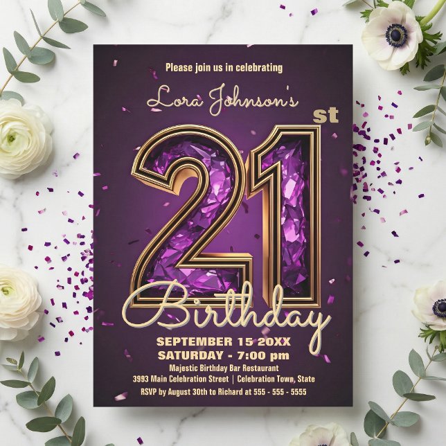 Elegant Deep Purple Gemstone Gold 21st Birthday Invitation (Creator Uploaded)