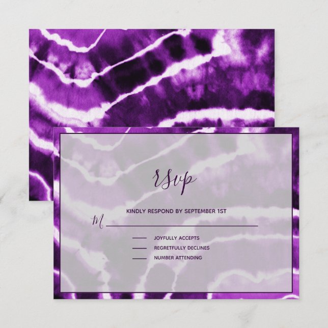 Elegant Deep Purple Marble Batik Wedding RSVP Card (Front/Back)