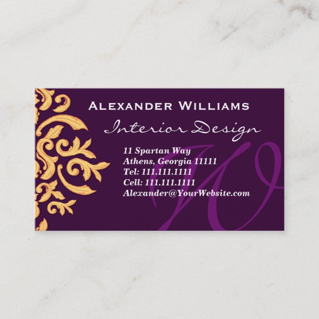 Elegant Deep Purple Monogram W Customisable Business Card (Front)