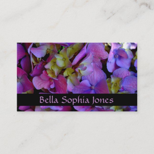 Elegant deep purple pink magenta floral hydrangeas business card (Front)