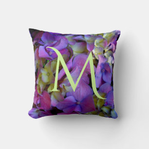 Elegant deep purple pink magenta floral hydrangeas cushion