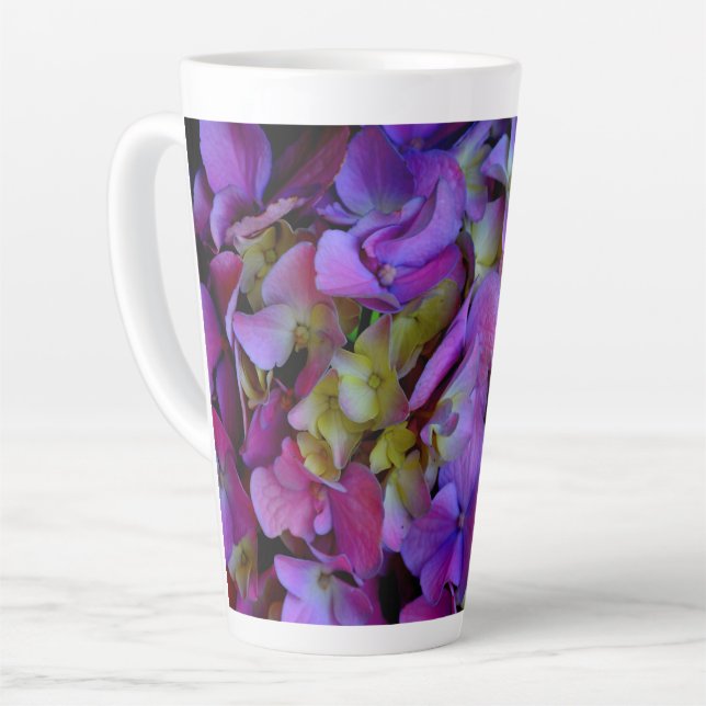 Elegant deep purple pink magenta floral hydrangeas latte mug (Left Angle)