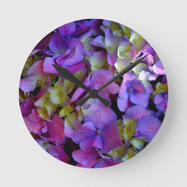 Elegant deep purple pink magenta floral hydrangeas round clock (Front)