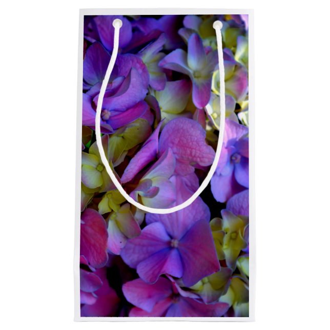 Elegant deep purple pink magenta floral hydrangeas small gift bag (Front)