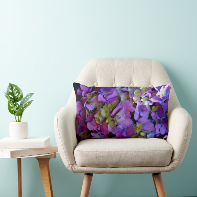 Elegant deep purple pink magenta hydrangeas floral lumbar cushion (Chair)