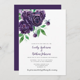 Elegant Deep Purple Roses Greenery Wedding Invitation