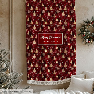 Elegant deep red and gold Christmas trees blanket