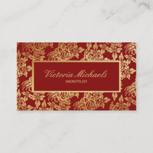 Elegant Deep Red and Gold Floral Business Card