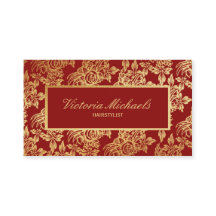 Elegant Deep Red and Gold Floral Business Card