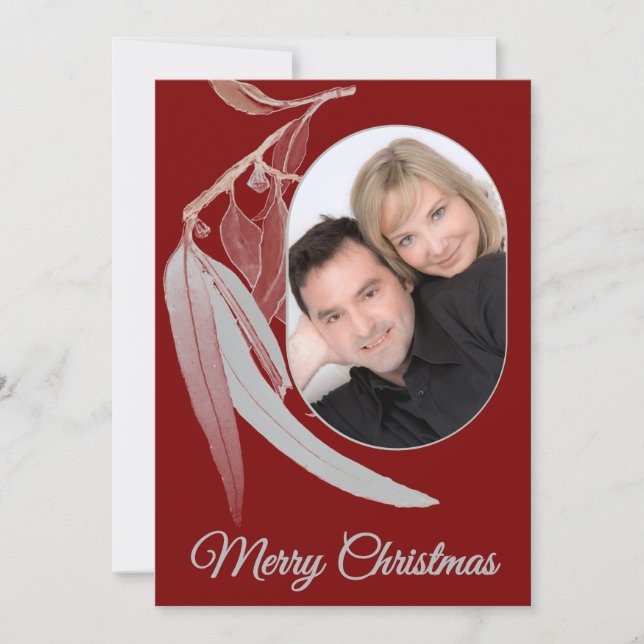 Elegant Deep Red Eucalyptus Leaf Photo Christmas Holiday Card (Front)