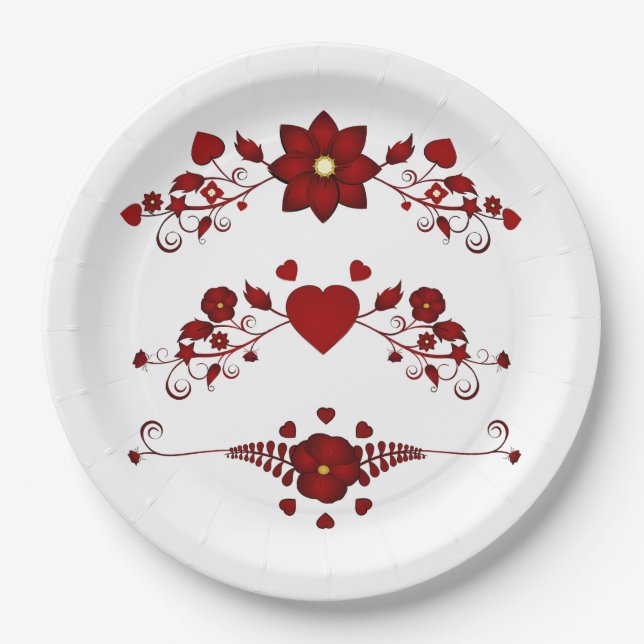 Elegant Deep Red Floral Flourish Paper Plate (Front)