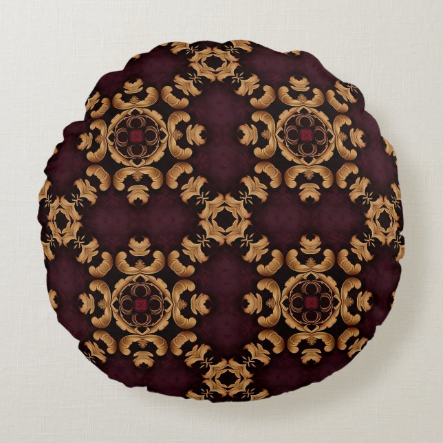 Elegant deep red gold arabesque pattern round cushion (Front)