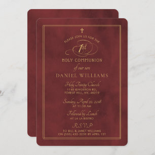 Elegant Deep Red & Gold Script 1st Holy Communion Invitation